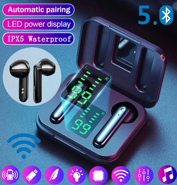 [Bluetooth5.0, 8D Stereo Sound] TWS Bluetooth Earphones Wireless Bluetooth Earbuds Waterproof Sport Headset Noise Cancelling Headphones with LED Display Charging Case