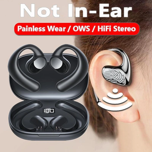 Painless Wear Not In-Ear OWS Headphones Bluetooth 5.3 True Wireless Sport Earhook Earphones HD Calling HiFi Stereo Earbuds Waterproof Noise Cancelling Headset with LED Display Charging Case