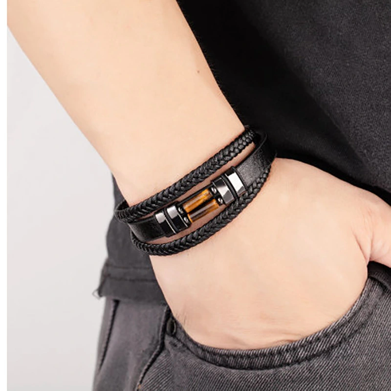 Stainless Steel Magnetic Buckle Round Tube Tiger's Eye Leather Bracelet