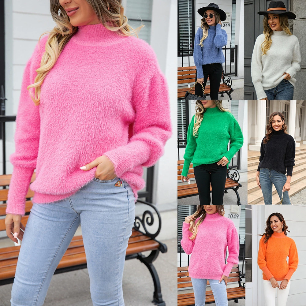 Women's Fashionable Simple Solid Color Turtleneck Plush Sweater