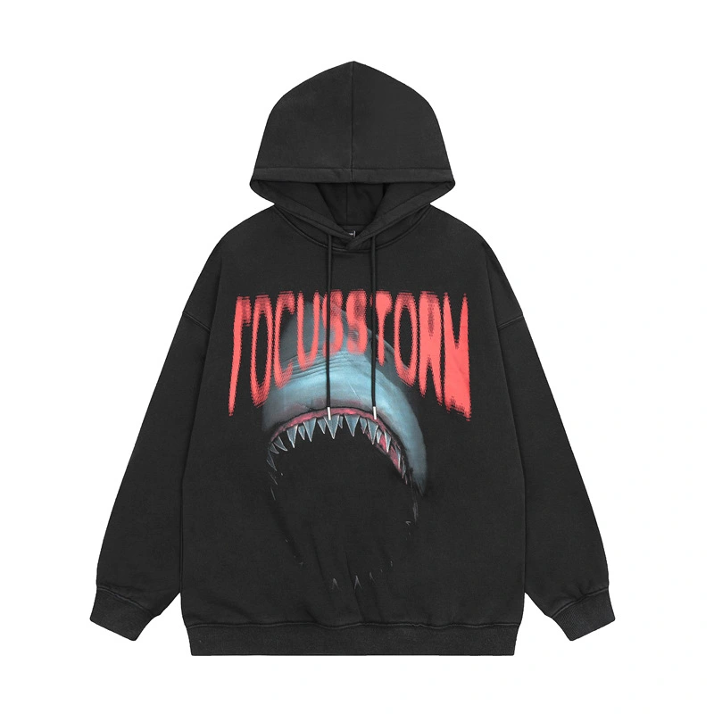 American Fashion Brand Washed Old Shark Printed Hoodie Oversize Velvet Padded Thickened Coat
