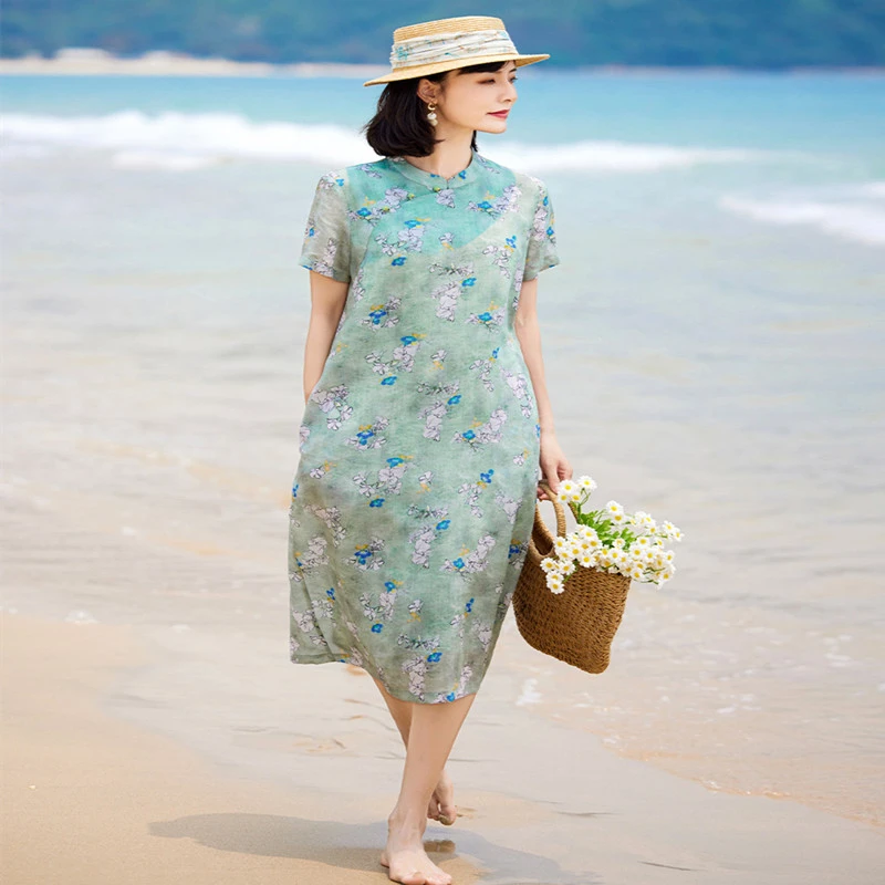 New Ramie Printed Stand Collar Short Sleeve Dress
