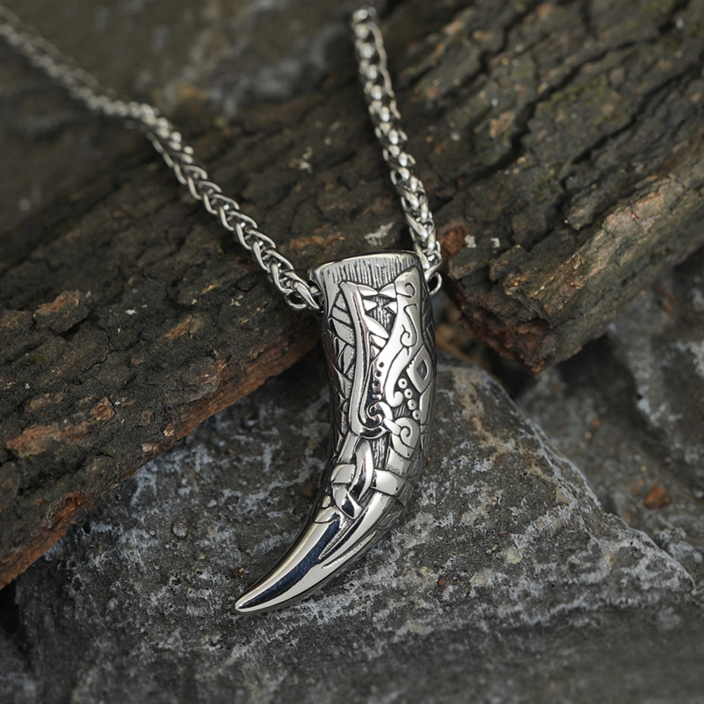 Wolf Tooth Stainless Steel Double-sided Rune Pendant Necklace