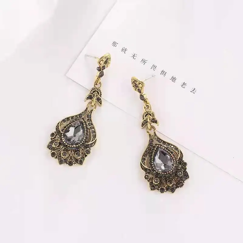 Long Hollow Water Drops Gemstone Retro Easy Matching Earrings