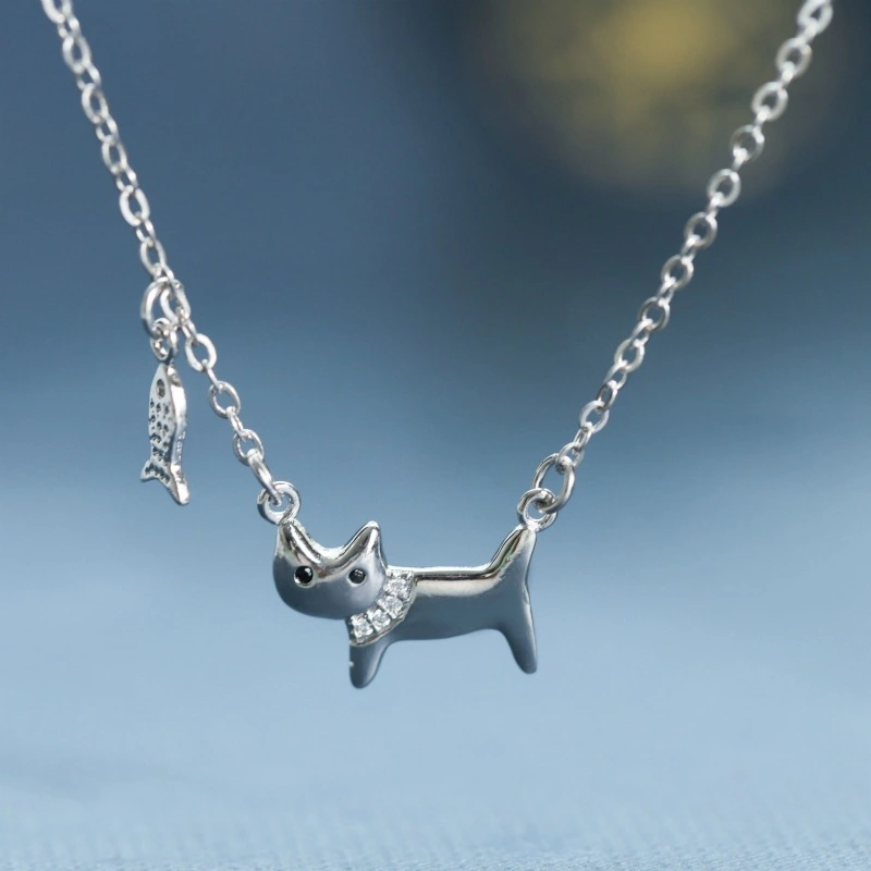 Cute 925 Silver Plated Diamond-studded Necklace Short Chic Sweet Cat Fish