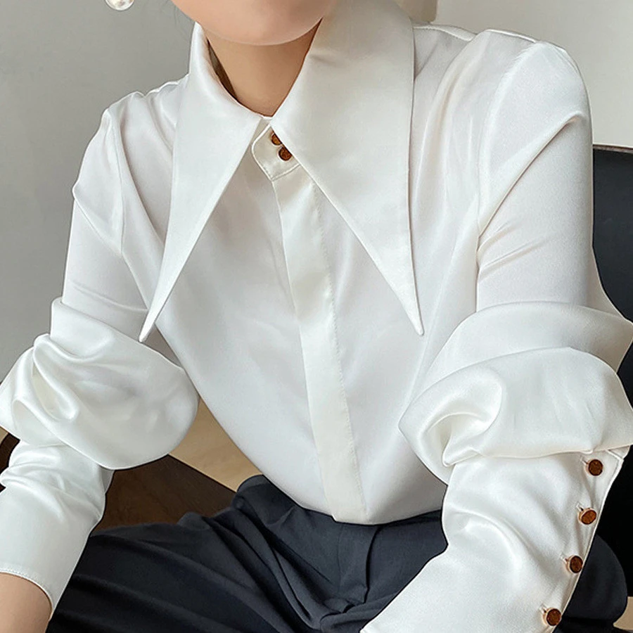 Satin Large Collar High-grade Draping Pointed Collar Shirt For Women