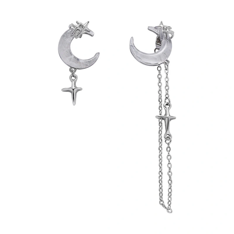 New Chinese Style Asymmetric Moon Tassel Earrings