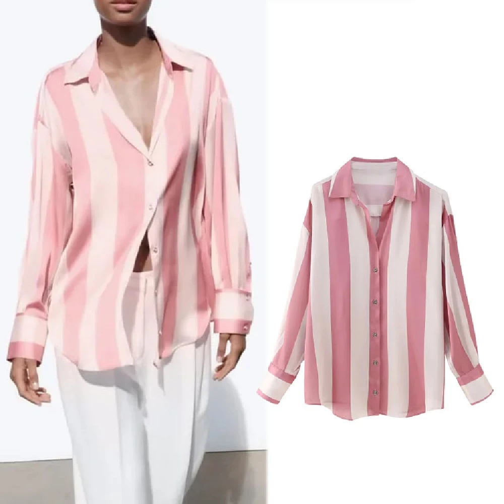 Printed Striped Satin Draped Shirt