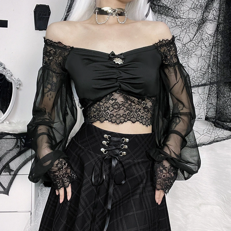 Women's Waist Hollow-out Lace Long Sleeve Shirt Top
