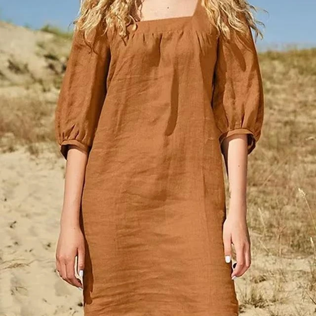 French Square Collar Cotton And Linen Dress Simple Style