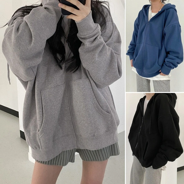 Women Fashion Solid Color Long Sleeve Hoodies Casual Loose Hooded Sweatshirt Zipper Jacket Coat with Pocket