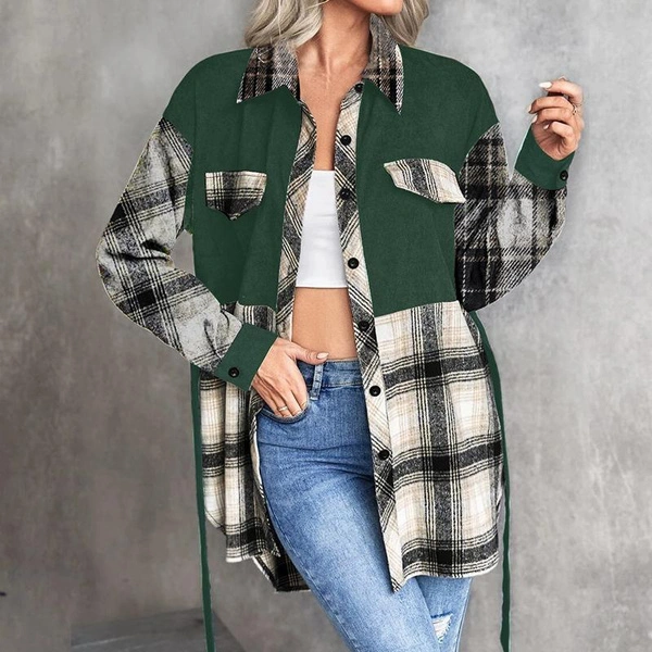 Women's fashion casual Plaid Panel Drop Shoulder Belted Coat patchwork corduroy jacket jacket