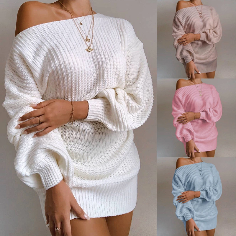 Women's Autumn and Winter Dress Casual Strapless Lantern Sleeve Knitted Sweater Dress