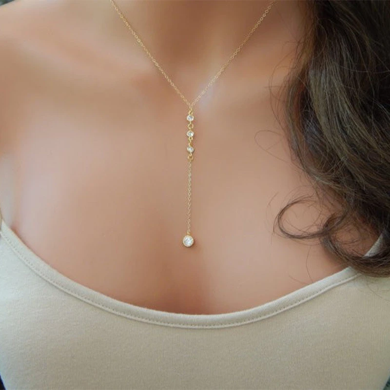 Simple Layered CZ Lariat Y Drop Pendant Necklace Color:Gold,Silver