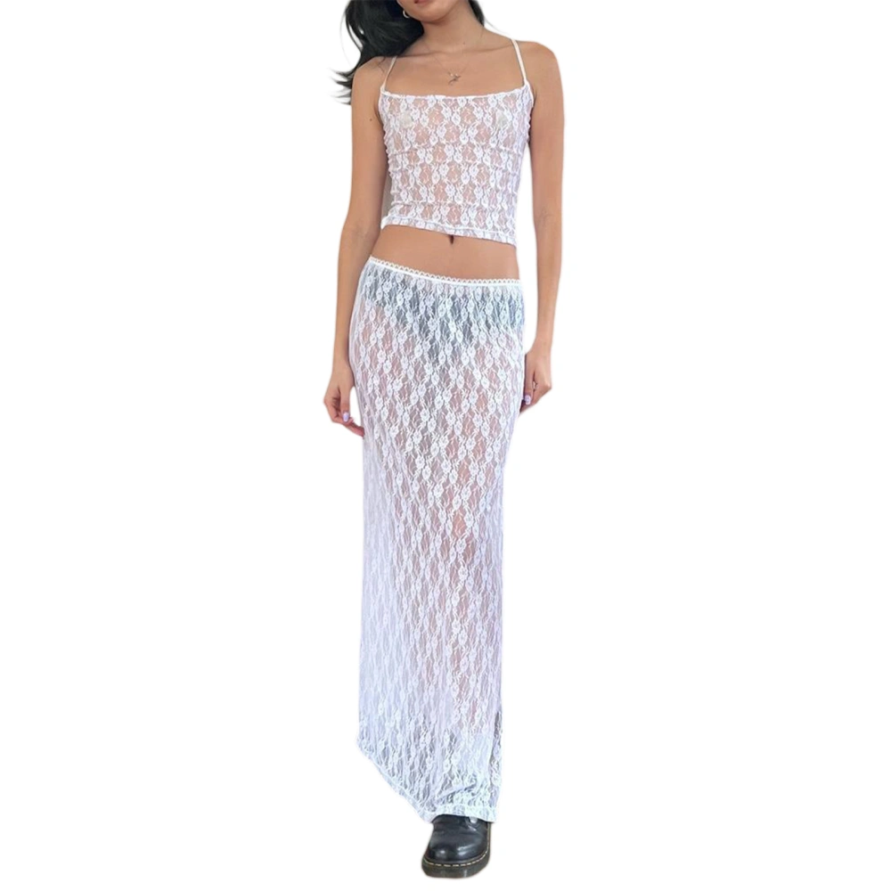 Women's 2 Piece Summer Outfits White Fitted Cami Tops Long Bodycon Lace Skirt Set