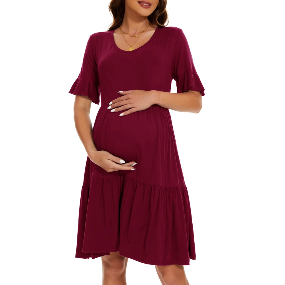 Women's Summer Short Pregnancy Dress Solid Color Short Sleeve Pleated Hem Baby Shower Dress