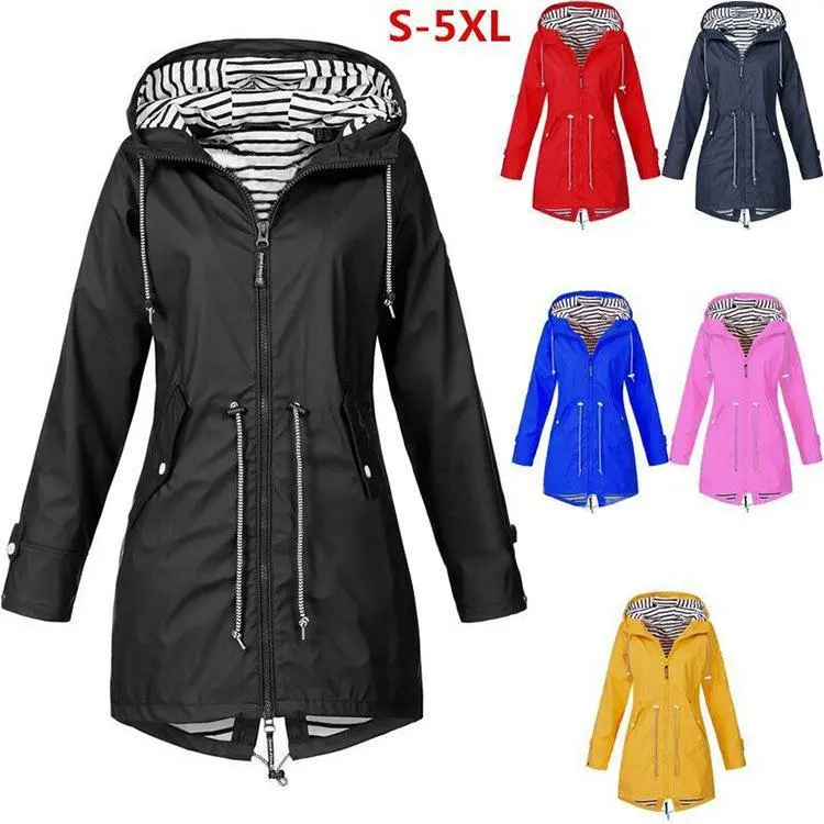 Women Spring Autumn Fashion Drawstring Zip Up Waterproof Jackets Ladies Hooded Rain Coat Outdoor Mountaineering Jackets Windbreaker