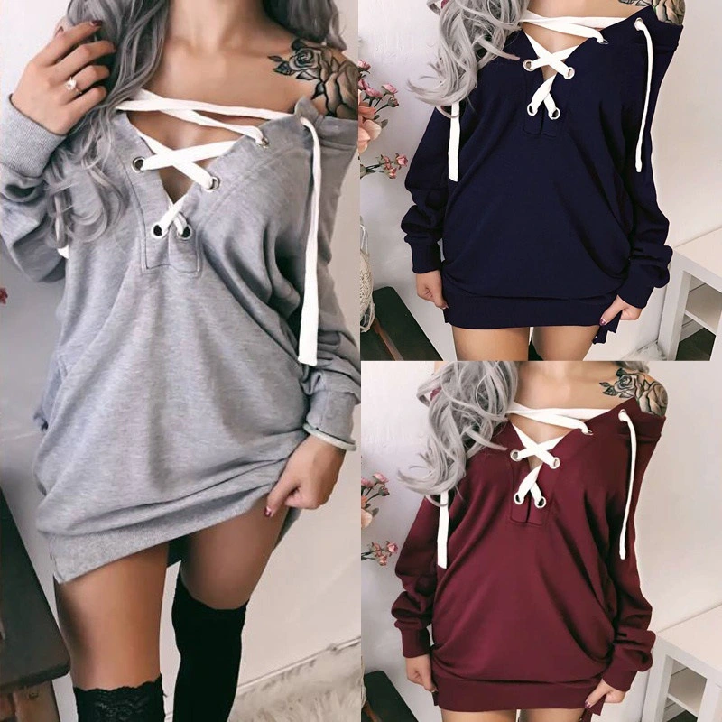 Autumn Winter Women Fashion V-neck Long Sleeve Bandages Solid Pullover Loose Casual T-shirt