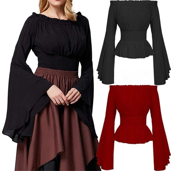 Womens Medieval Renaissance Gothic Bell Sleeves Ruffle Off Shoulder Boho Retro Vintage Gothic Victorian Bell Sleeves Tops