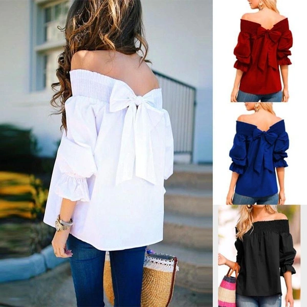 Women Casual 3/4 Sleeve Tops Solid Color Strapless Loose Elegant Backless Lace Up T-Shirts Sexy Off The Shoulder