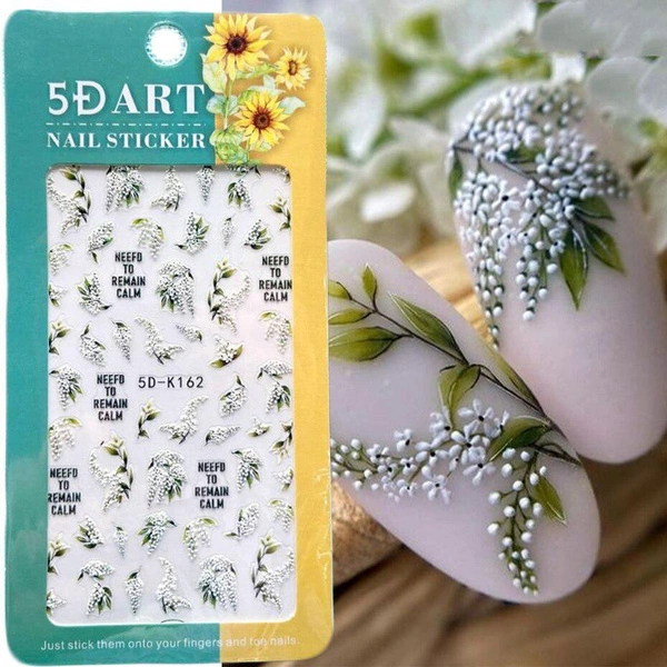 5D Embossed Nail Art Stickers White Lily of the Valley Tulip Dreamcatcher Gel Polish Wedding Flower Engraved