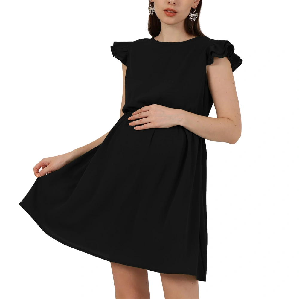 Women Maternity Dress, Fly Sleeve Crew Neck Solid Mini Dress Pregnancy Dress for Casual Daily