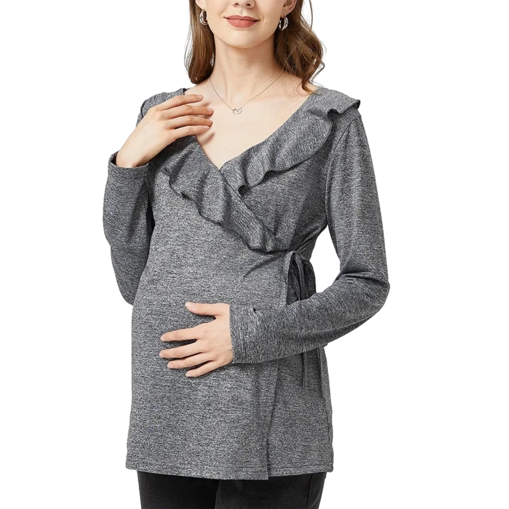 Women Maternity Nursing Tops Ruffle V Neck Solid Color Breastfeeding Long Sleeve Wrap Shirts for Pregnancy Clothes