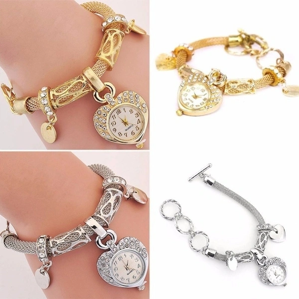 Gold Silver Fashion Women Bracelet Watches Ladies Girls Women's Wristwatch Love Heart Round Quartz Watch