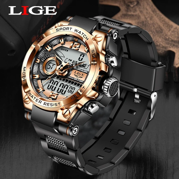 LIGE Top Luxury Watches Men Military Army Mens Watch Waterproof Sport Wristwatch Dual Display Watch Male Relogio Masculino