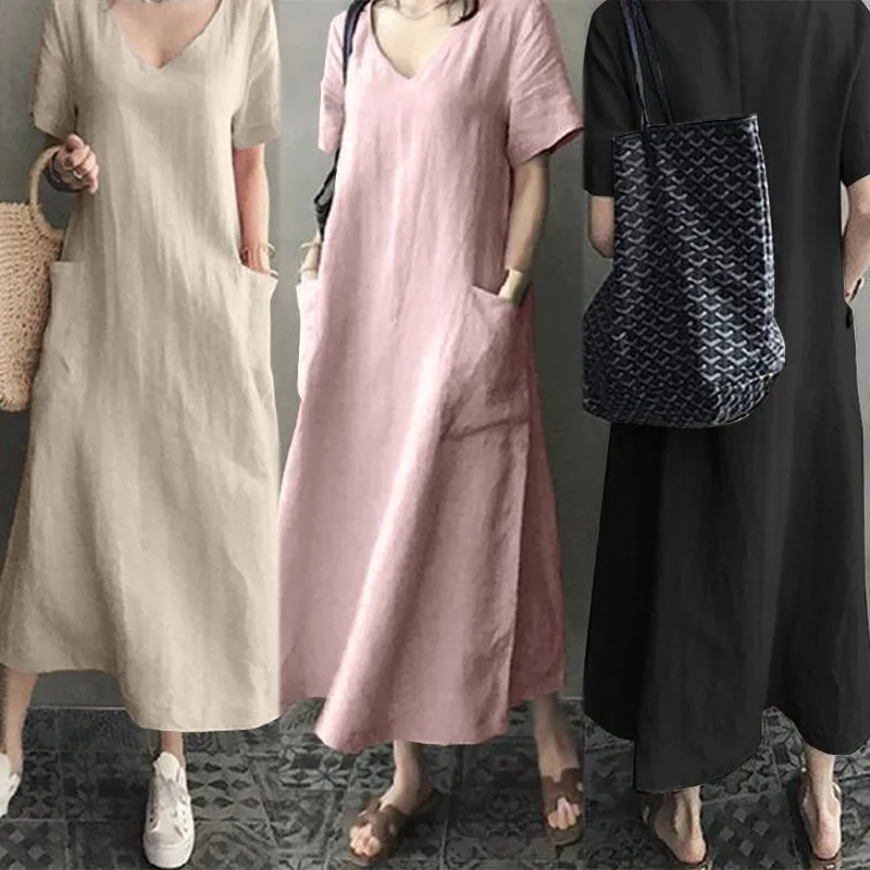 Women Short Sleeve V Neck Long Party Dress Ethnic Shirt Beach Sundress Midi Dress