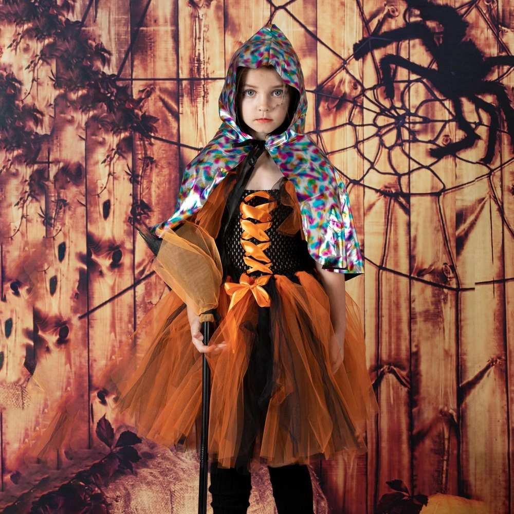 Kids Girls Halloween Cape, Colorful Print Tie-up Hooded Cloak Cosplay Costume for Party Stage Show