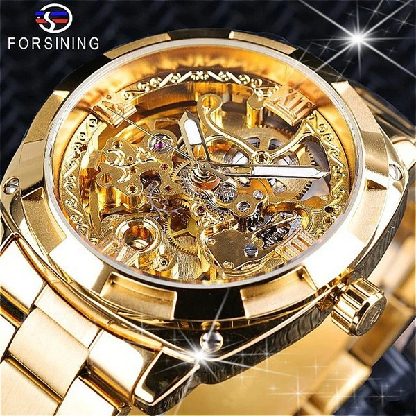 FORSINING Quality Men Skeleton Automatic Winding Mechanical Watches Gold Stainless Steel Waterproof Wristwatch Montre Uhr with Gift Box