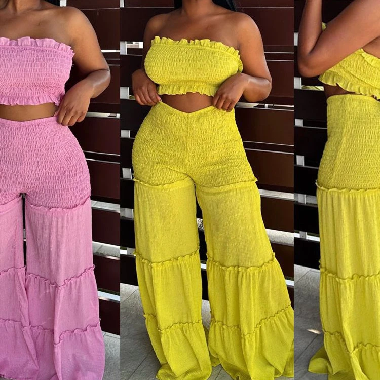 Smocking Wooden Ear Stitching Strapless Pants Two-piece Suit