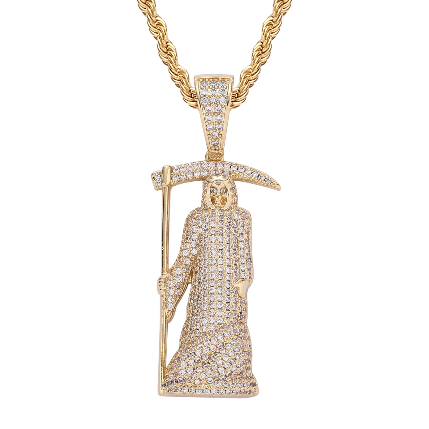 Hip Hop Pendant Special Trendy Style Real Gold Plated Copper Inlaid Zircon Death Sickle Necklace