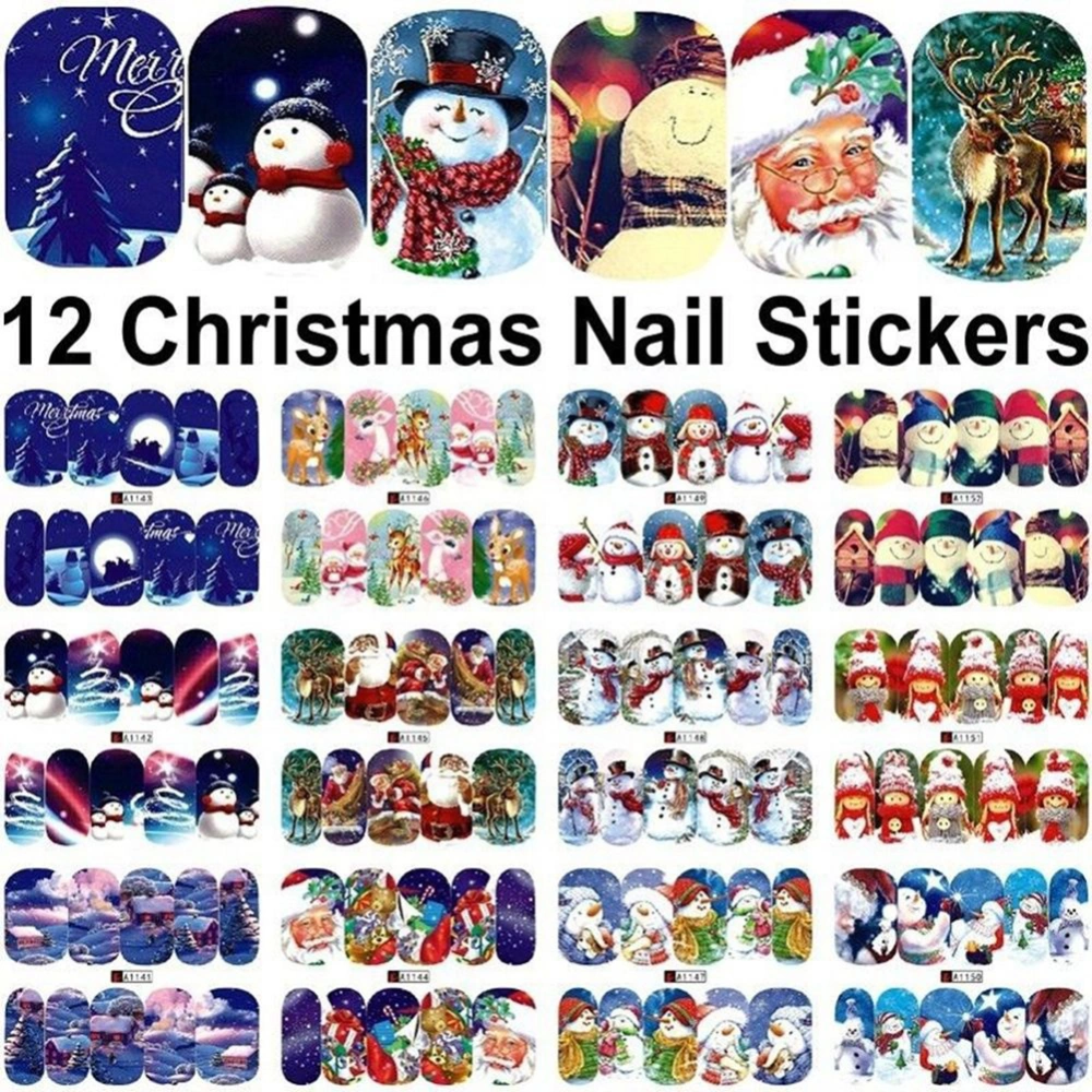 12 Sheets Women Xmas Decoration Manicure Decals Nail Art Stickers  Beauty Accessory