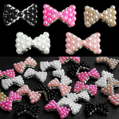 10Pcs 3D DIY Decorations Alloy Faux Pearl Bow Tie Bowtie Nail Art Glitters Stickers