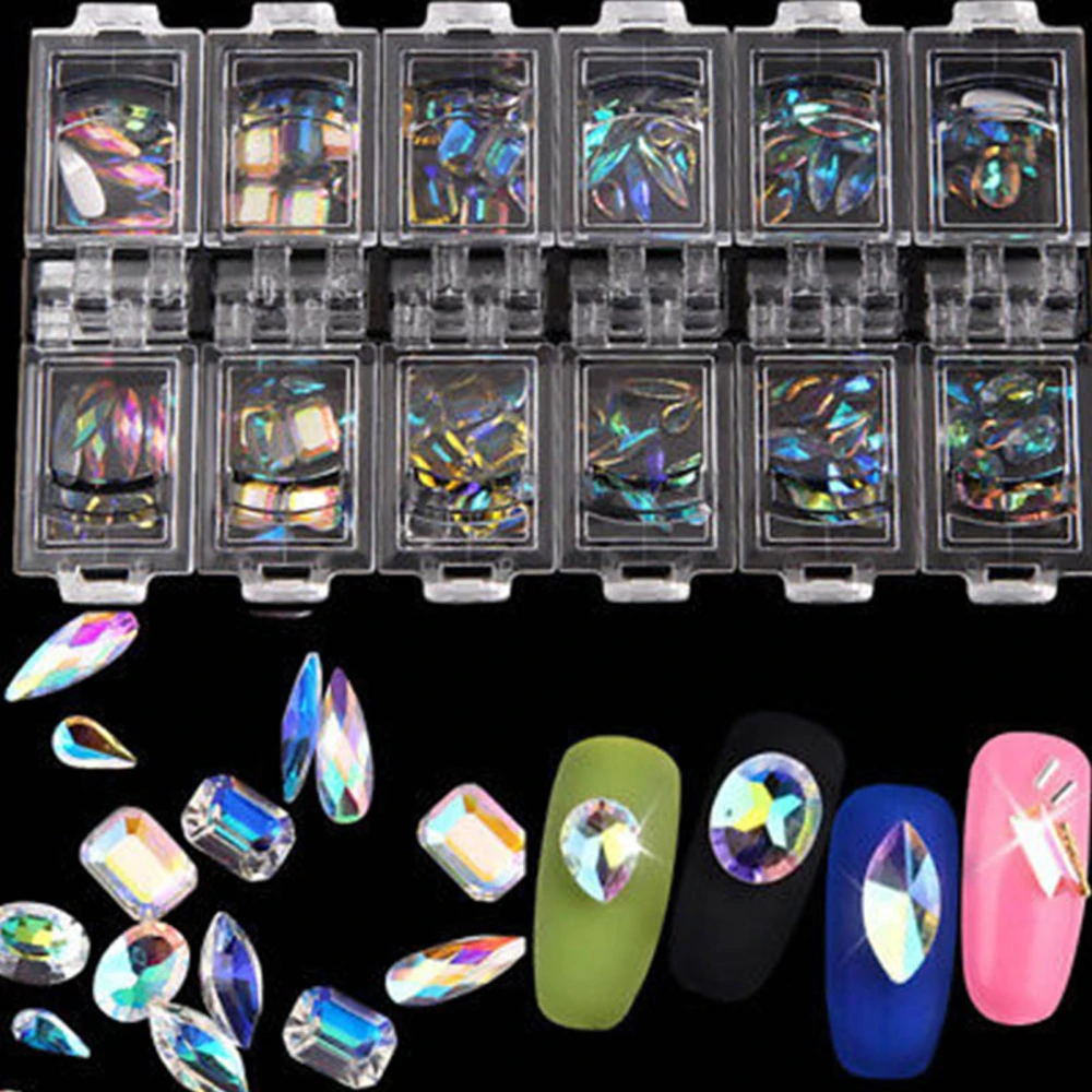 12 Boxes 3D Colorful Clear Faceted Mixed Size Nail Art Tips Decals Decor for Dail Life