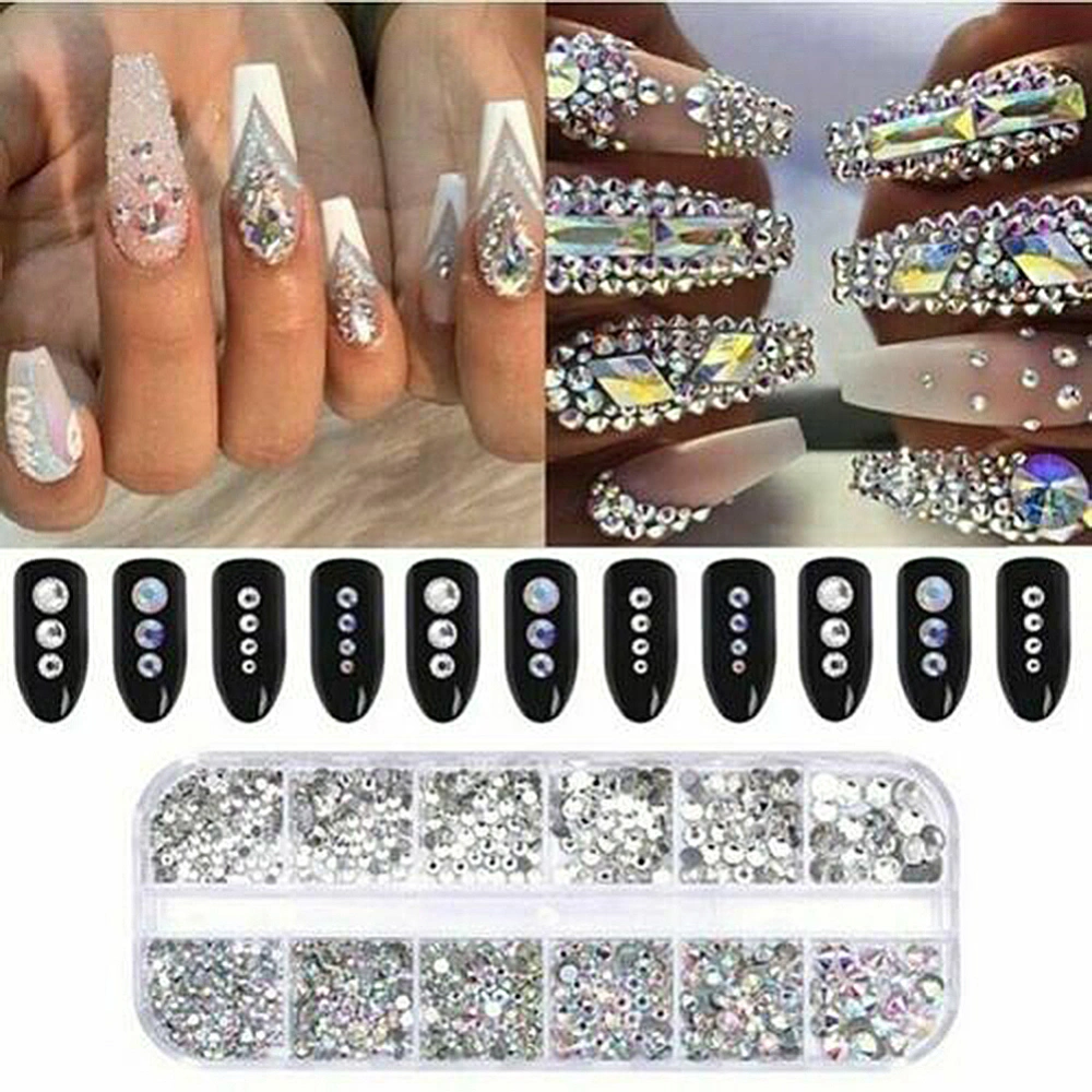 12 Grids Glitter Transparent Flat Rhinestone Mixed Shiny Jewelry Manicure Decor