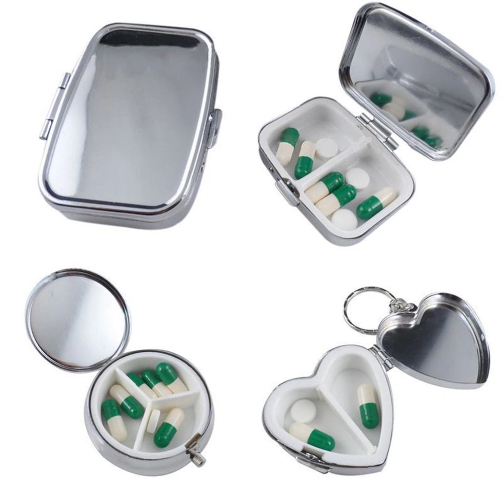 Durable Metal Heart Round Medicine Organizer Holder Container Pill Box Case