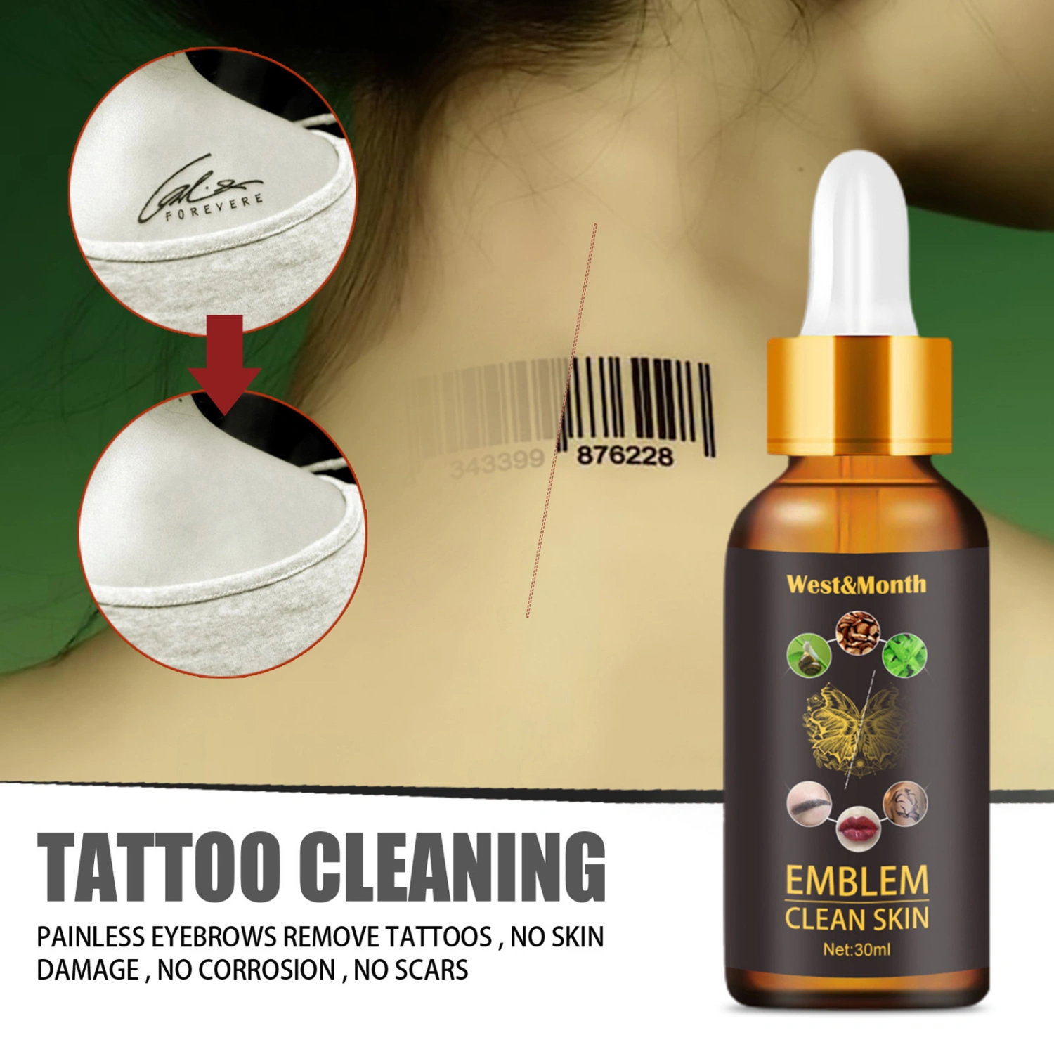 30ml Tattoo Removal Liquid Safe Easy to Use Plant Extracts Clean Tattoo Skin Liquid for Body