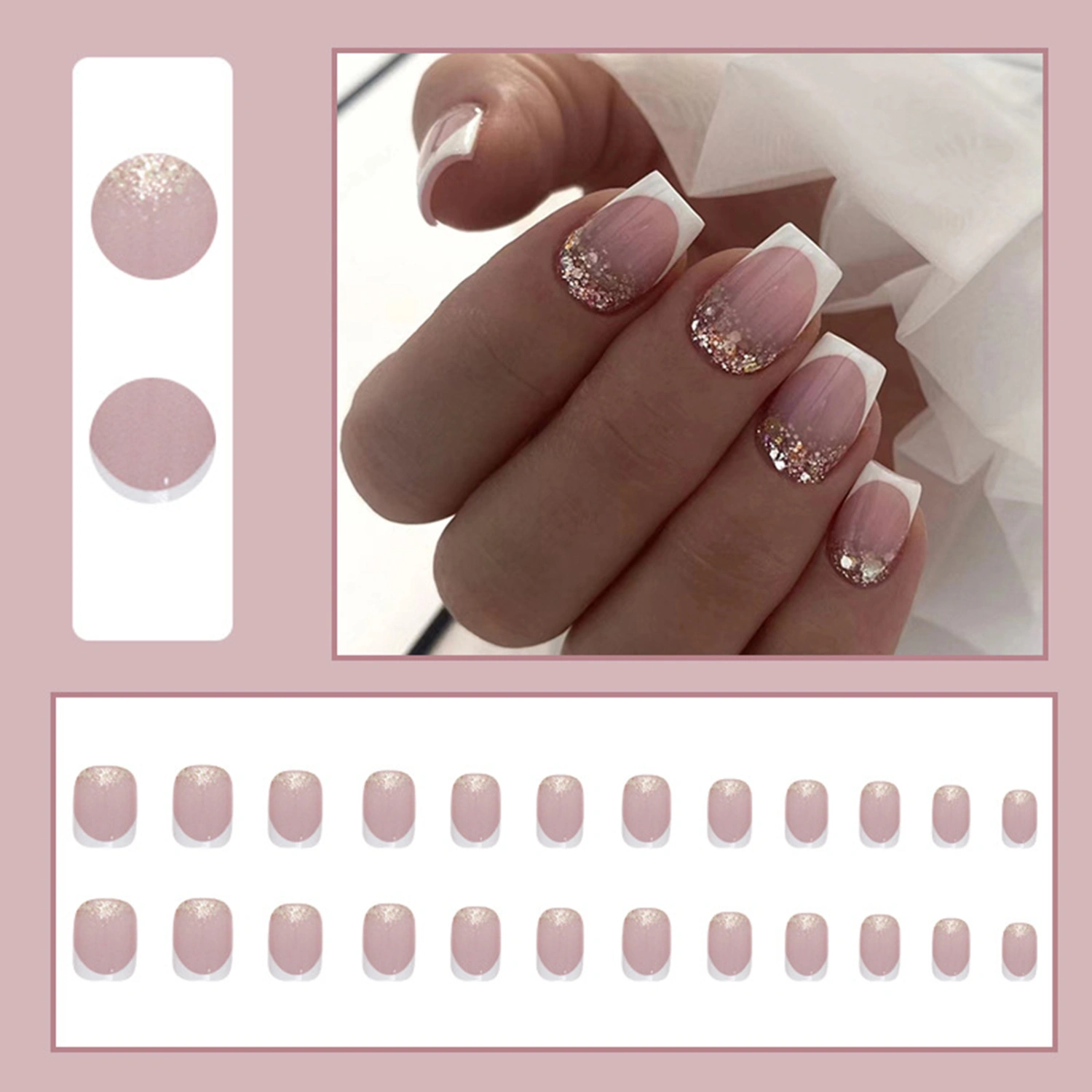 24Pcs Press on Nails Glitter Dual-colors Square Short Removable Nail Extension French Style Women Girls Fake Nails Salon Home Use