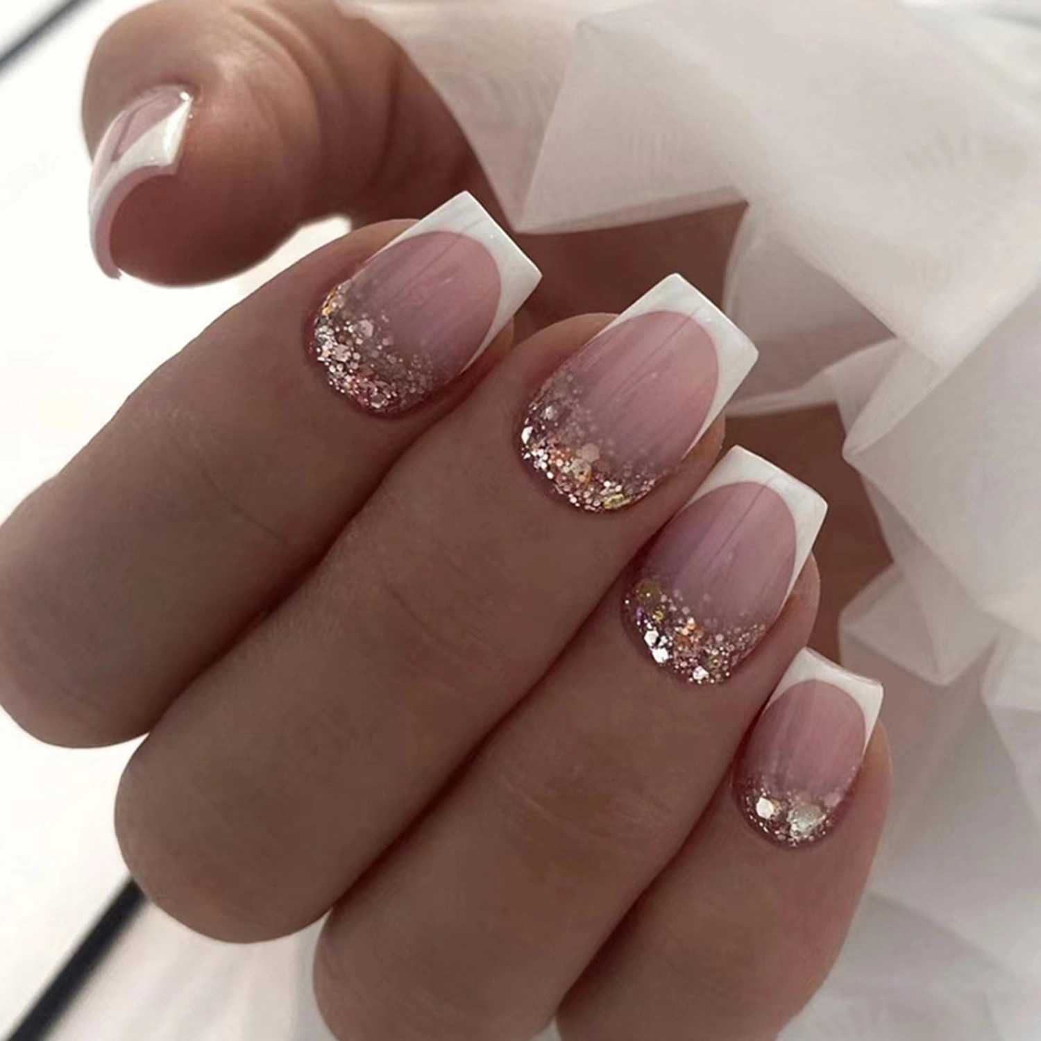 24Pcs Press on Nails Glitter Dual-colors Square Short Removable Nail Extension French Style Women Girls Fake Nails Salon Home Use
