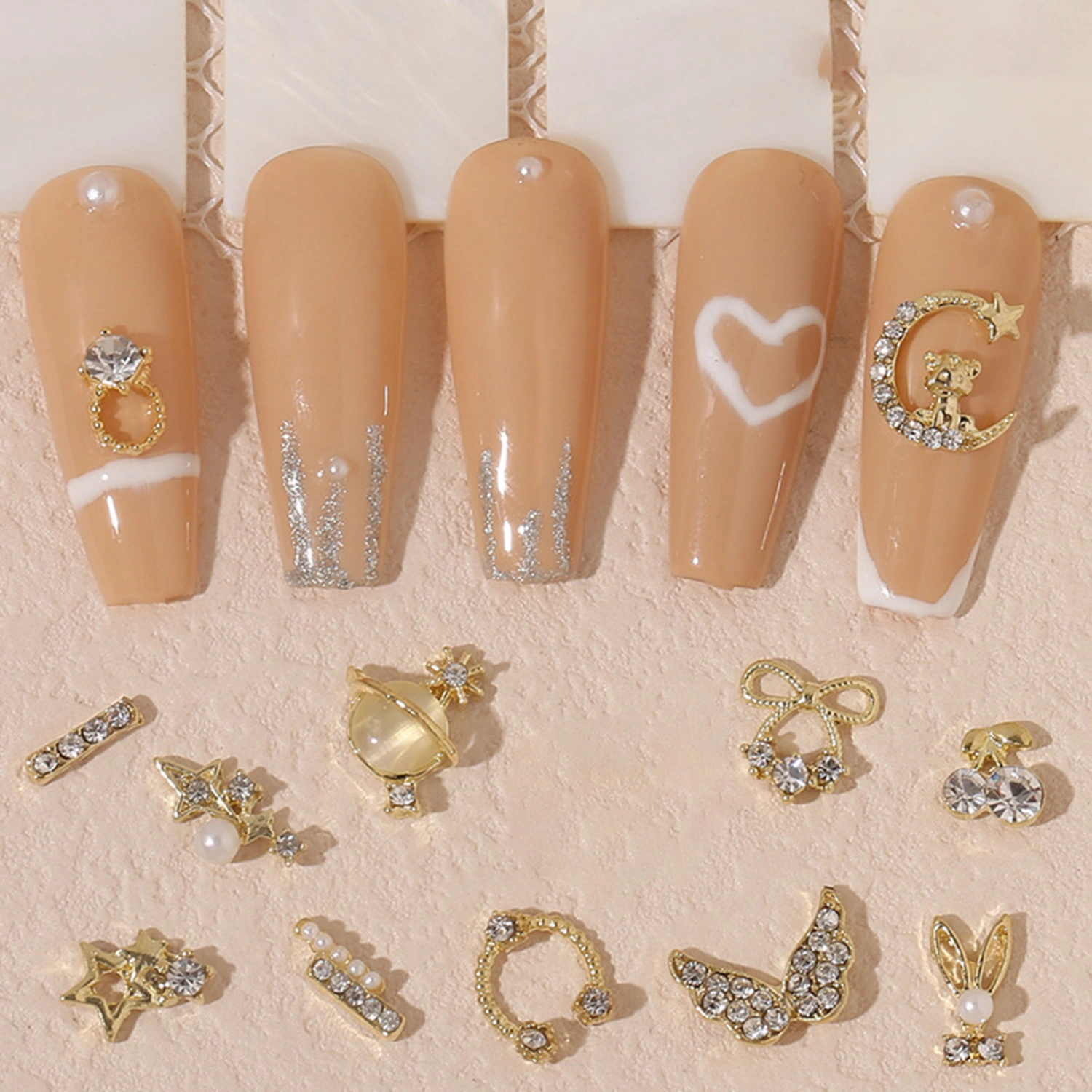 10Pcs Manicure Decor Three-dimensional Shining Sparkling DIY Rust-proof Fake Pearls Gold Heart Bow Fake Diamonds Nail Charm Nail Salon Supply