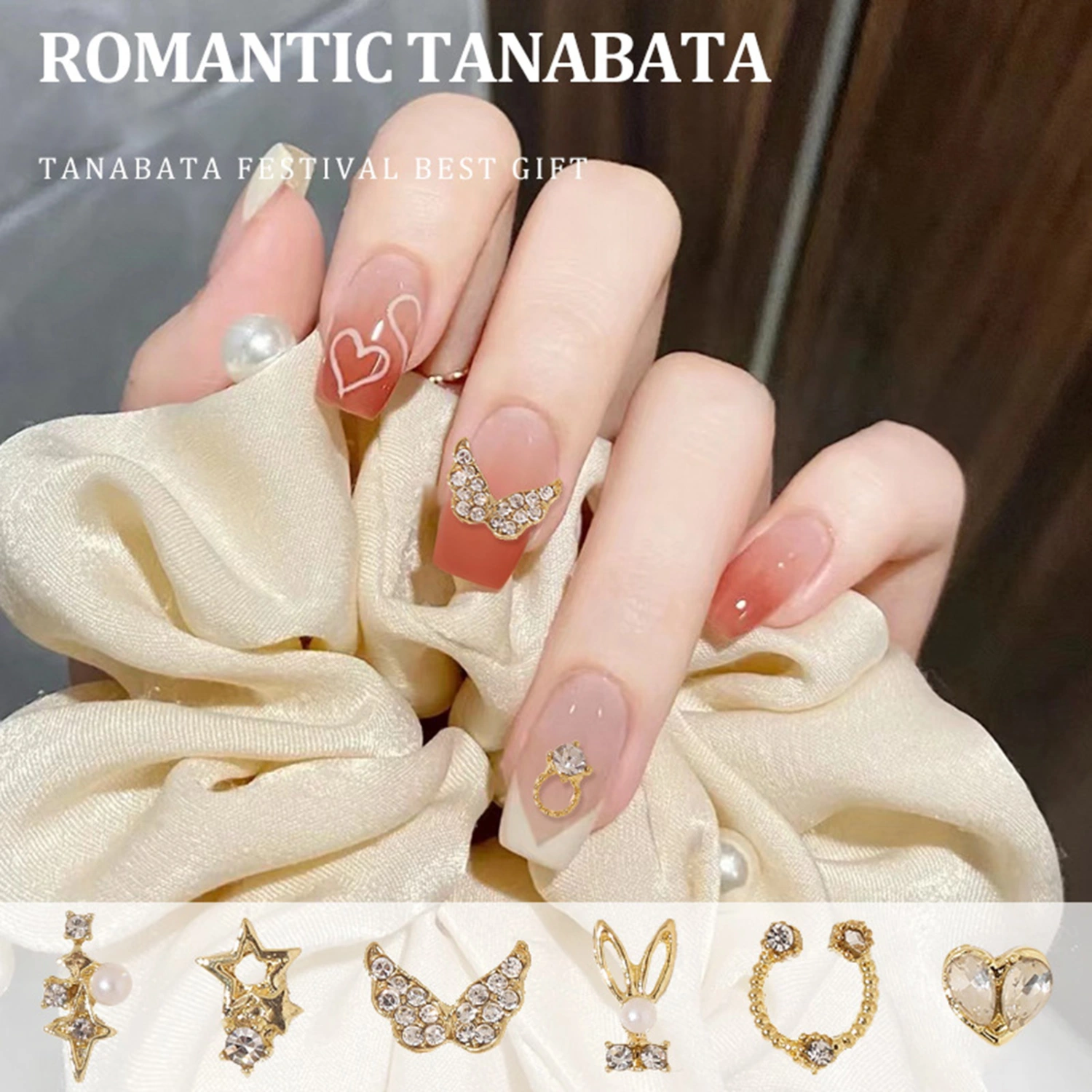 10Pcs Manicure Decor Three-dimensional Shining Sparkling DIY Rust-proof Fake Pearls Gold Heart Bow Fake Diamonds Nail Charm Nail Salon Supply