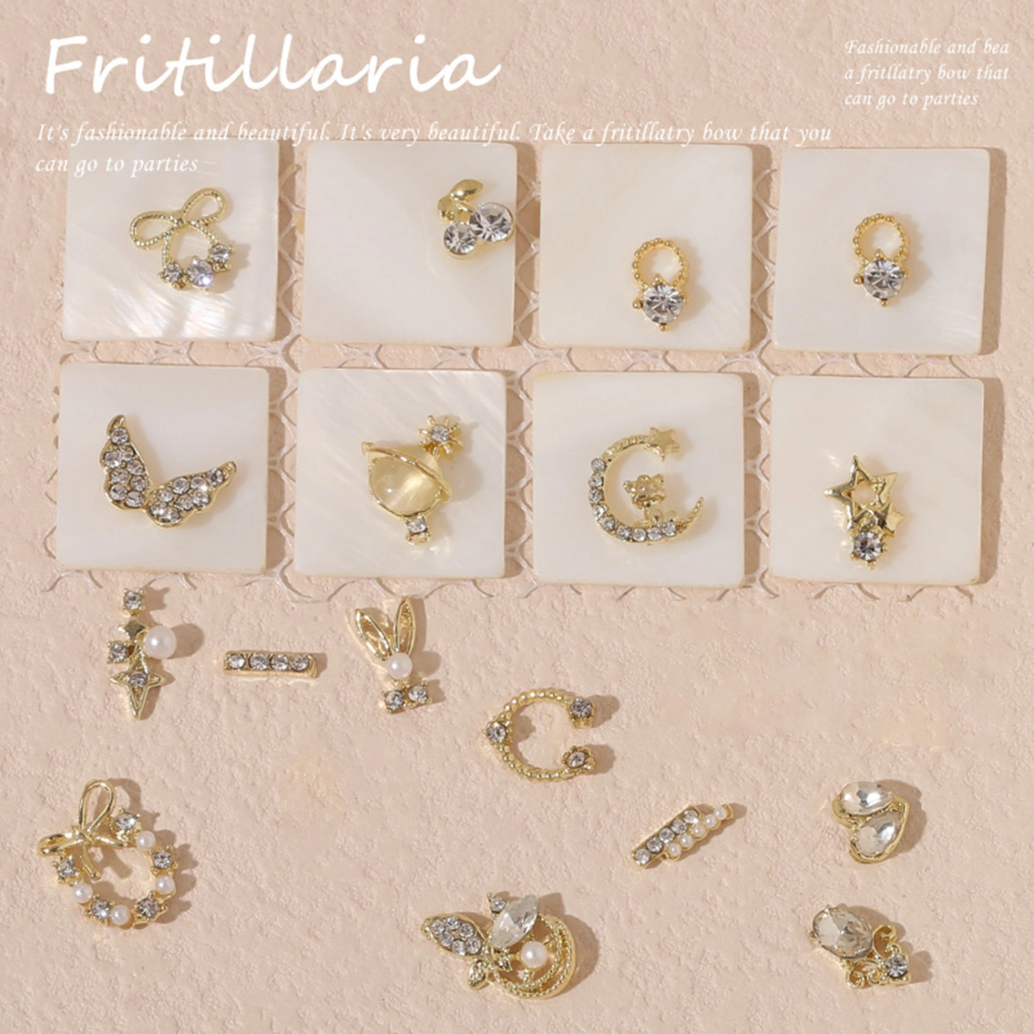 10Pcs Manicure Decor Three-dimensional Shining Sparkling DIY Rust-proof Fake Pearls Gold Heart Bow Fake Diamonds Nail Charm Nail Salon Supply