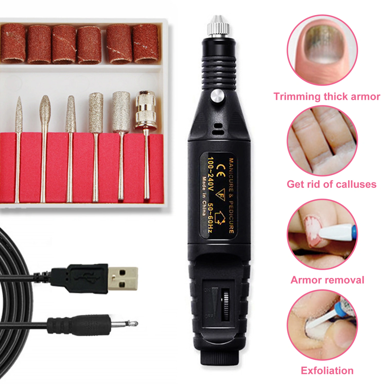 1 Set Electric Nail Dill Machine Various Drill Bits USB Plug Professional Remove Dead Skin Nail Art Tool Acrylic Nail Gel Polish Remove Machine Manicure Supplies