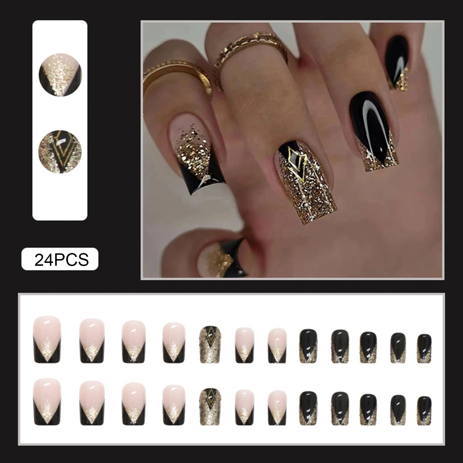 24Pcs Removable Wearable Fake Nails Multi-sized Glitter Effect Artificial Finger Manicure Full Cover French Tip Press on Nails Nail Salon Supplies