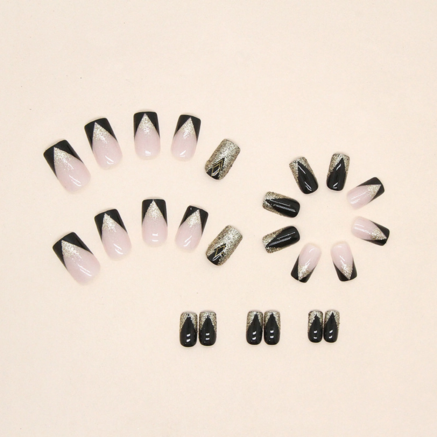 24Pcs Removable Wearable Fake Nails Multi-sized Glitter Effect Artificial Finger Manicure Full Cover French Tip Press on Nails Nail Salon Supplies