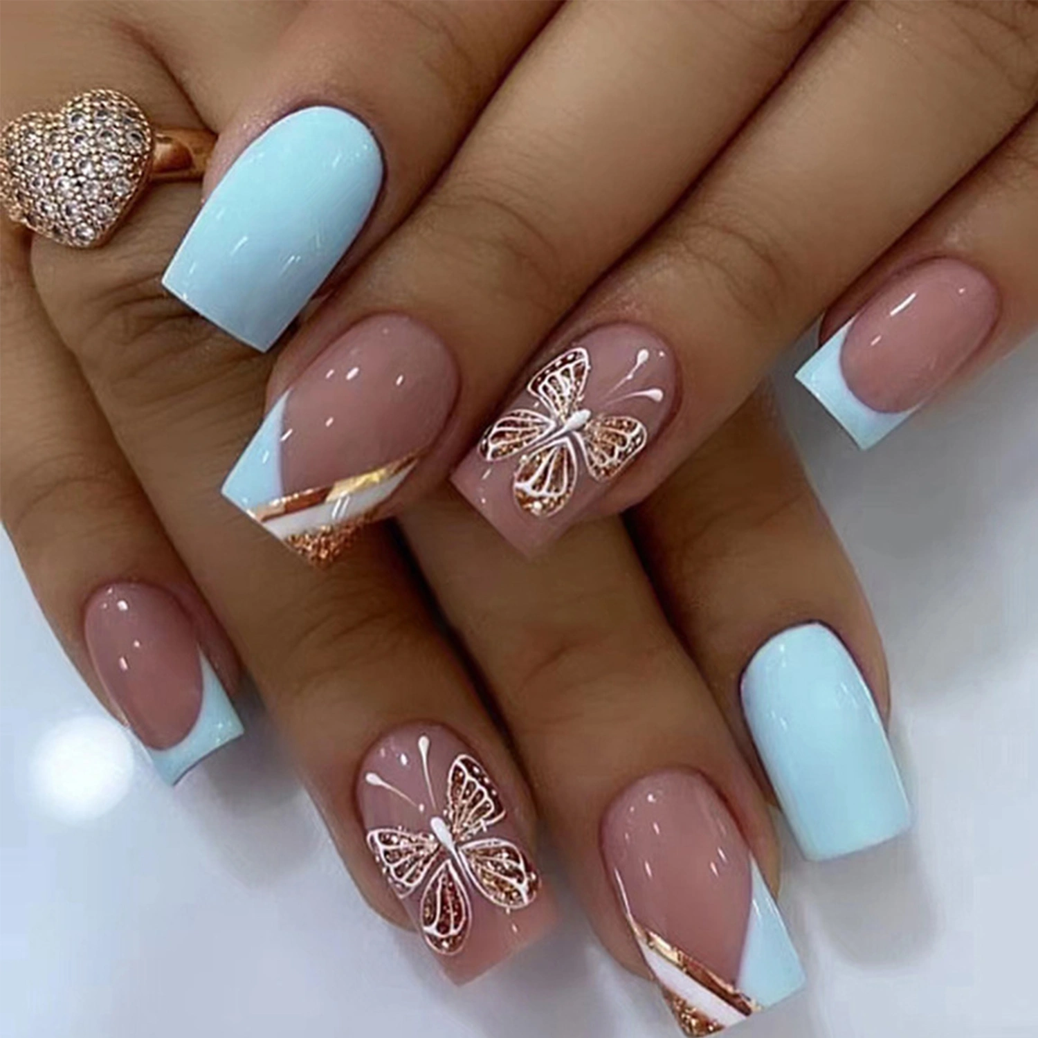 24Pcs Detachable Nails Light Blue French Golden Line Silhouette Nails Removable Long-Lasting Nail Art Stickers for DIY Nail Art at Home