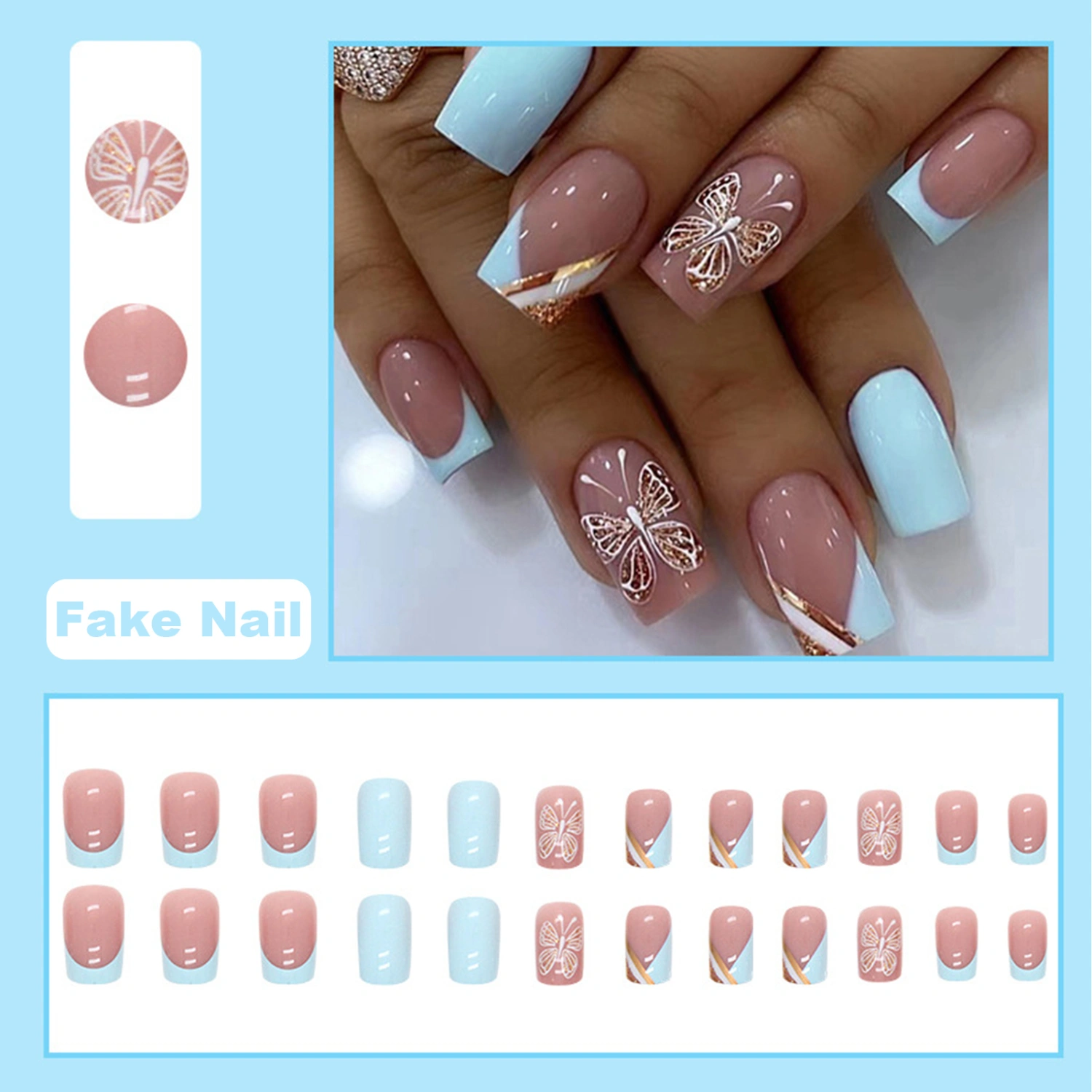 24Pcs Detachable Nails Light Blue French Golden Line Silhouette Nails Removable Long-Lasting Nail Art Stickers for DIY Nail Art at Home